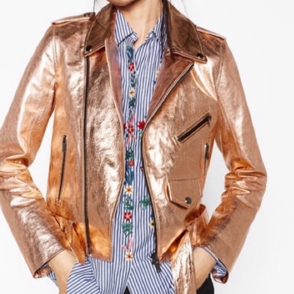 Zara rose gold leather moto jacket biker jacket let pink - Picture 2 of 6